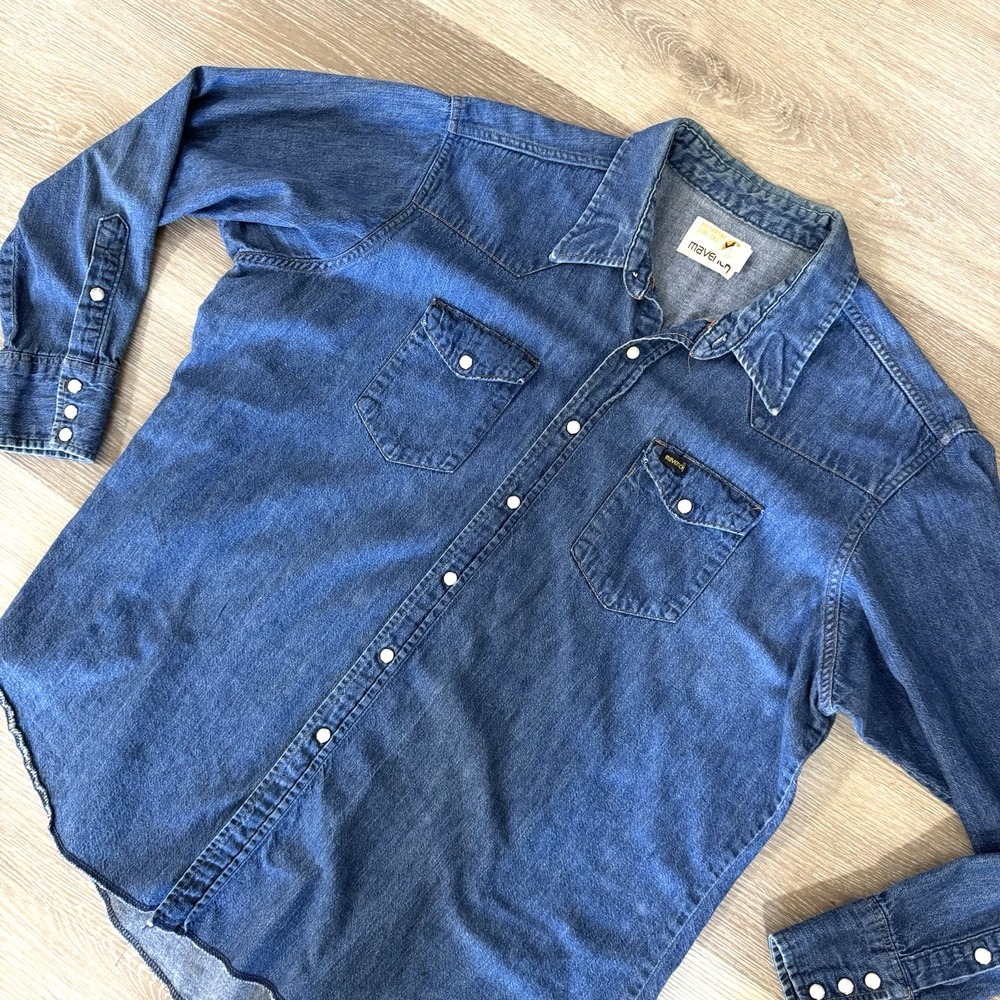 Vintage Maverick Blue Denim Pearl Snap Western Cowboy USA Shirt Men's 19X35